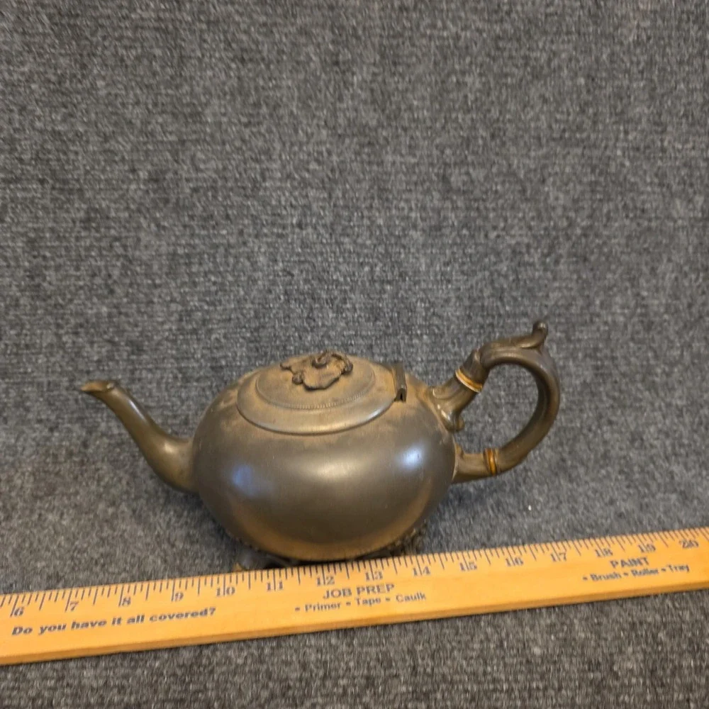 Vintage Metal Teapot Brown‎ Floral Hinged Lid Bamboo Handle Decor Traditional